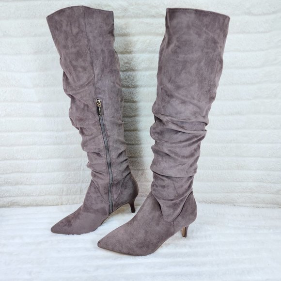 Autumn Pointy Toe Low Kitten Heel Slouchy Knee High Boots Taupe Faux Suede - Picture 8 of 10